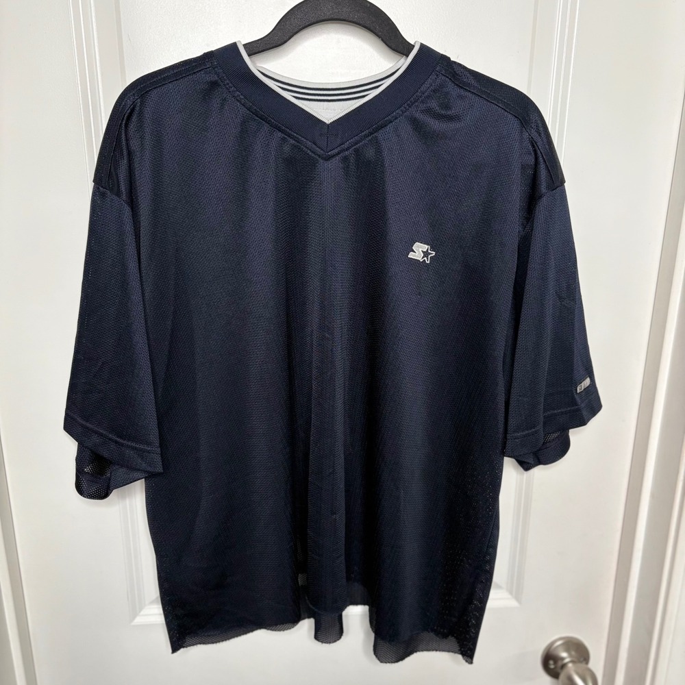 Vintage Starter Mesh Jersey Shirt Men XL Navy Blue V Neck Blank Athletic 90s Y2K